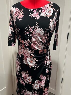 connected apparel Black Midi Dress with Pink Floral Print and Side Ruching